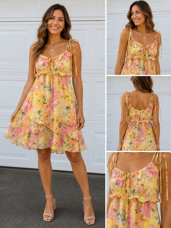 The Unbranded Brand Dresses & Skirts - Boutique Yellow Floral Chiffon Mini Dress Tie Strap Ruffle Layered Size L